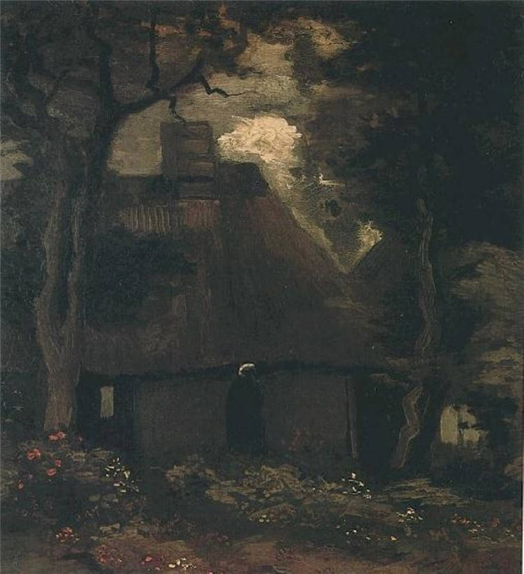 Cottage with Trees and Peasant Woman Van Gogh Painting - Click Image to Close